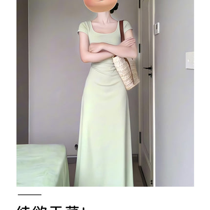 Green Waist dress Little Mom Slim-fit Hip Wrap Dress High-grade Sense Slight Fat A- shaped Long Dress Royal Sister Dress Women's Spring