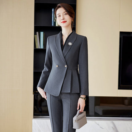 Gray Professional Suit Suit for Women Wholesale Autumn and Winter Temperament Slim Hotel Front Desk Workwear Jewelry Store Work Clothes for Women