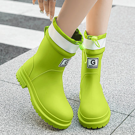 Cross-Border Women's Mid-Calf Rain Boots, Thickened Drawstring Rain Shoes, Wear-Resistant, Non-Slip, Waterproof, Comfortable Water Shoes, Outdoor Rubber Shoes for Women