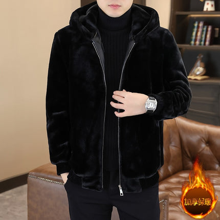 Autumn and Winter New Mink Velvet Jacket Men's Hooded Thickened Warm Cold-proof Zipper Jacket Solid Color Fur Hood