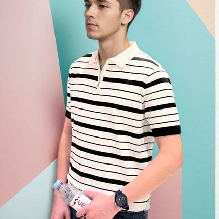 Summer Wear Light Mature Simple Fashion High-end Striped Polo Shirt Men's Young and Young Men's Slim-fit Half-zipper Led T-shirt Men's