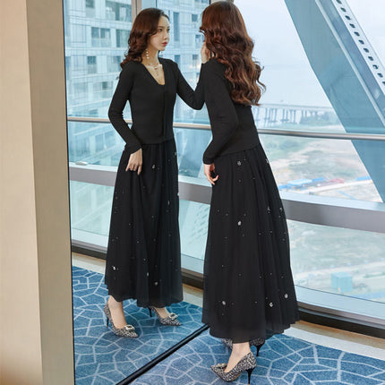 Single Piece/Set 2024 Spring & Fall Feminine New Elegant Fashionable Knitted Cardigan Suspender Mesh Skirt Three-Piece Set