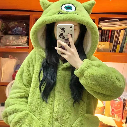 Cartoon Big-eyed Nightgown Pajamas Coral Fleece Autumn and Winter Hooded Cute Loose Long Couple