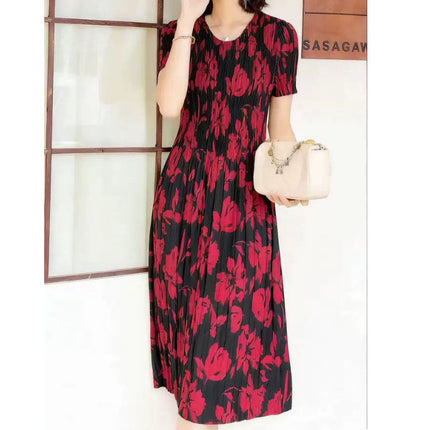 Miyake pleated 2025 summer new temperament round neck printed pleated skirt fashion waist thin magic dress