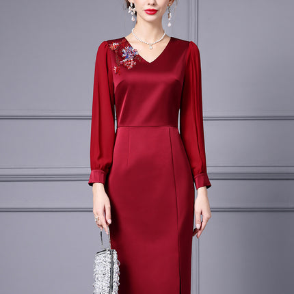 Zhili 2026 Spring Dress Women's Long-Sleeved High-End Rhinestone-Embellished Formal Occasion Wine Red Slim-Fitting Hip-Hugging Skirt New