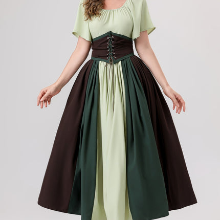 European and American New Arrivals: Medieval Retro Color-Blocking Dress with Flutter Sleeves, Tie-Waist, and Large Hem, Suitable for Masquerade Ball Performance