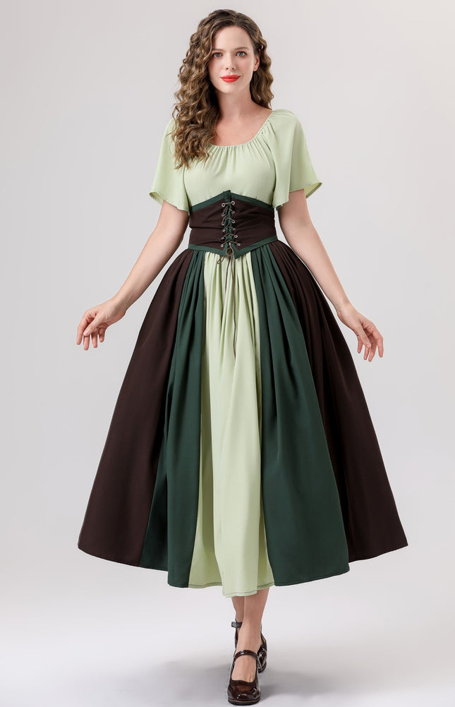 European and American New Arrivals: Medieval Retro Color-Blocking Dress with Flutter Sleeves, Tie-Waist, and Large Hem, Suitable for Masquerade Ball Performance