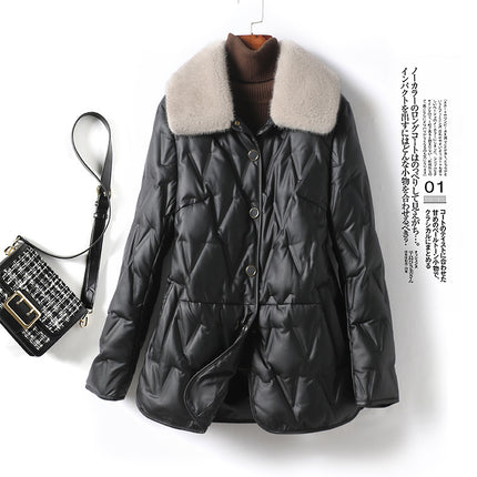 Genuine Leather Women's Coat with Mink Fur Collar, High-End Elegant White Duck down Sheepskin 2025 New Model Haining Leather down Jacket