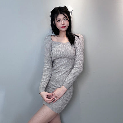 Real Shot South Korea Dongdaemun Sexy Figure Hip Long-sleeved Dress Slim-fit Slimming Hemp Pattern Knitted Skirt