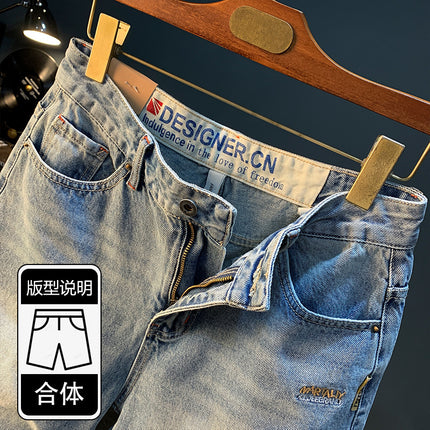 Summer Casual Shorts Men's plus size Light Color Five-point Jeans Trendy Embroidered High-end Men's Straight Pants