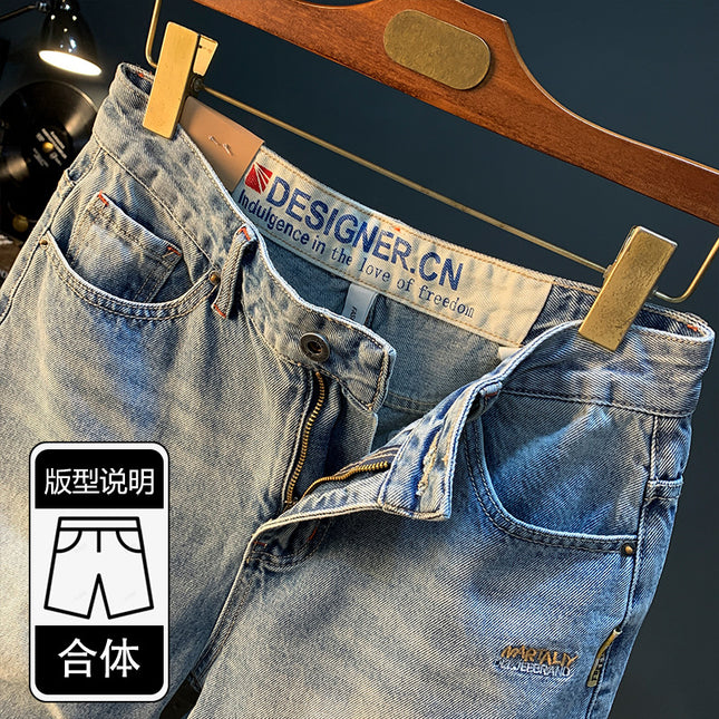 Summer Casual Shorts Men's plus size Light Color Five-point Jeans Trendy Embroidered High-end Men's Straight Pants