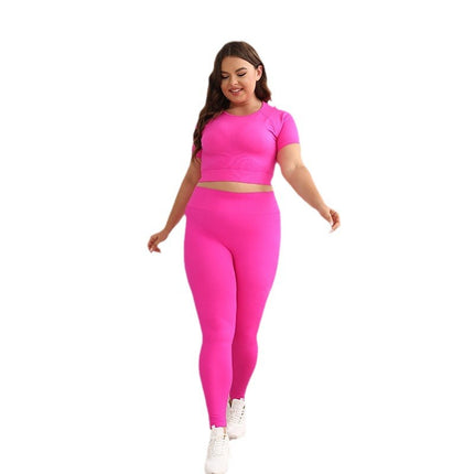Amazon Sports New Solid Color Sports Yoga suit Summer Pink Yoga Clothes suit Short-Sleeved Tight Two-Piece Set