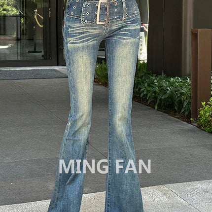 Vintage Gradient Flared Jeans for Women, Autumn Design, American Style, High-Waisted, Stretchy, Slim-Fit, Floor-Length Pants