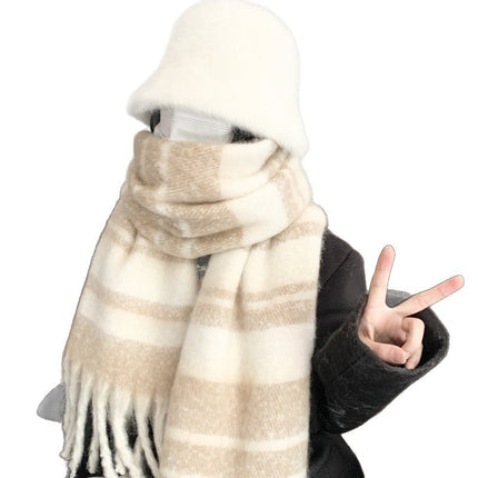 New Korean-Style Thick Striped Warm Winter Scarf for Women, High-Grade Mohair Green Neck Warmer for Men, Extended Shawl