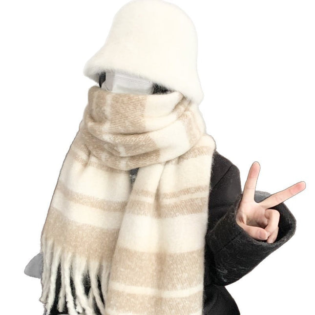 New Korean-Style Thick Striped Warm Winter Scarf for Women, High-Grade Mohair Green Neck Warmer for Men, Extended Shawl
