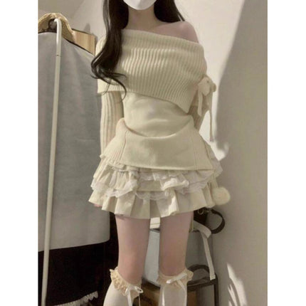 off-shoulder ambience long-sleeved sweet sweater top little cake pure skirt academic style suit