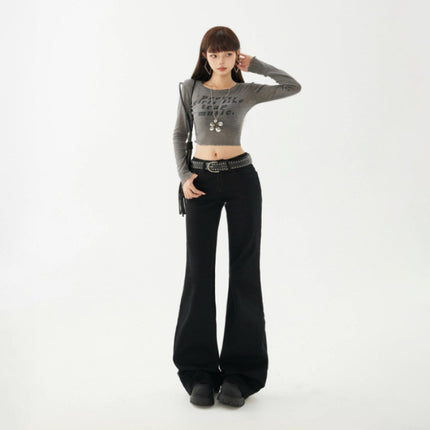 Yc&2-Color American Retro Low-Waist Sexy Flared Pants for Autumn and Winter Micro-Elastic Versatile Slimming Look Jeans for Women