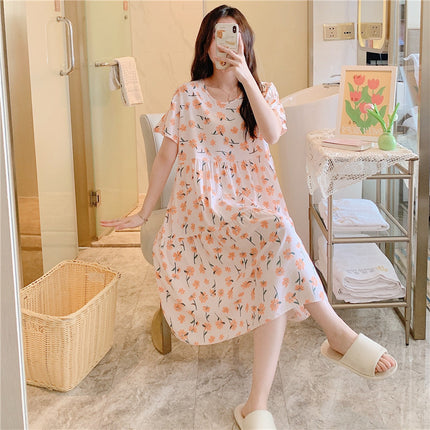 Cotton Silk Nightgown for Women, Summer Thin Short-Sleeved Printed Large Size Nightgown, Pregnant Women Can Wear It Outside, Cool Rayon Home Clothes
