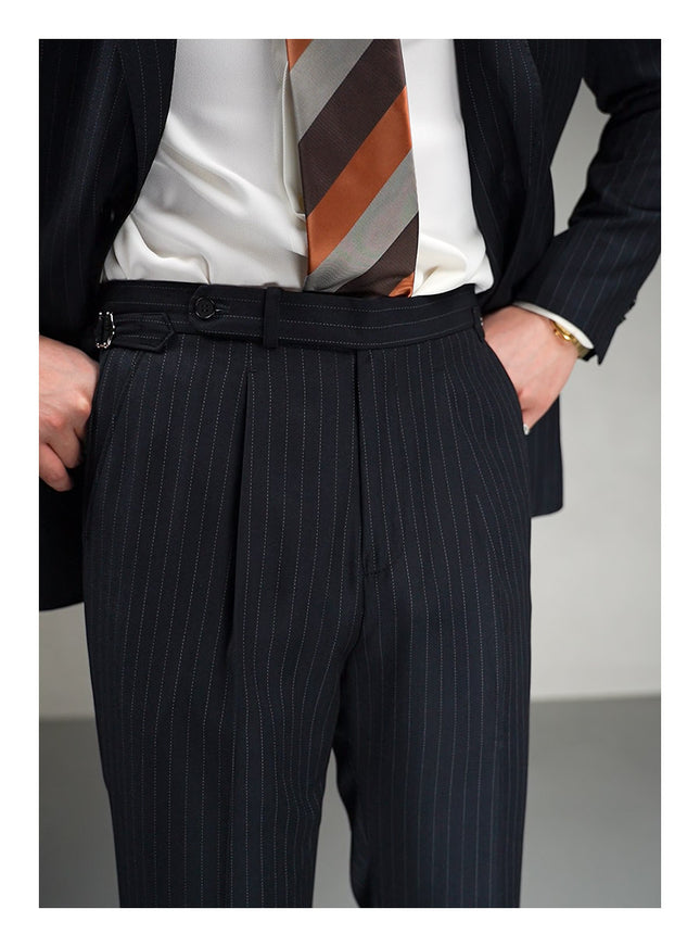 [Ruishen Apparel] Wool Blend Single-Pleat Striped Dress Pants for Business and Commuting, Slim Fit Naples Casual Trousers