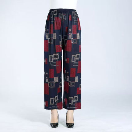 Foreign Trade Plus Size Middle-aged and Elderly Summer Thin Breathable Nine-point Flower Pants Mom Pants Ice Silk Loose Straight Pants