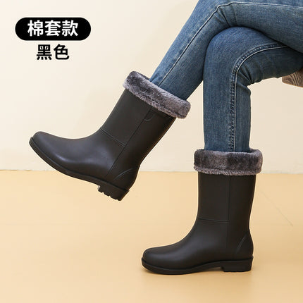 Fashionable Rain Boots for Women, Mid-Calf Women's Water Shoes, Women's Adult Velvet Rain Boots, Non-Slip Half-Tube Water Boots, Women's Rubber Shoes Wholesale