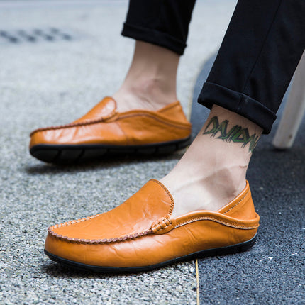 Doug Shoes Men's Genuine Leather Casual Shoes Summer Breathable Soft Bottom Driving Cowhide Slip-on Lazy Shoes for Business All-Match