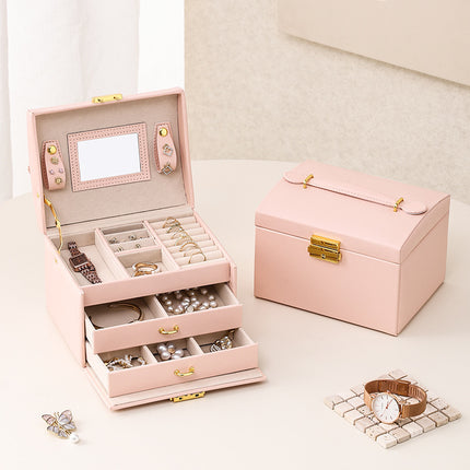 [Low Price Big Sale] Three-Layer Leather Drawer-Type Jewelry Box Multi-Functional Desktop Ring Necklace Earrings