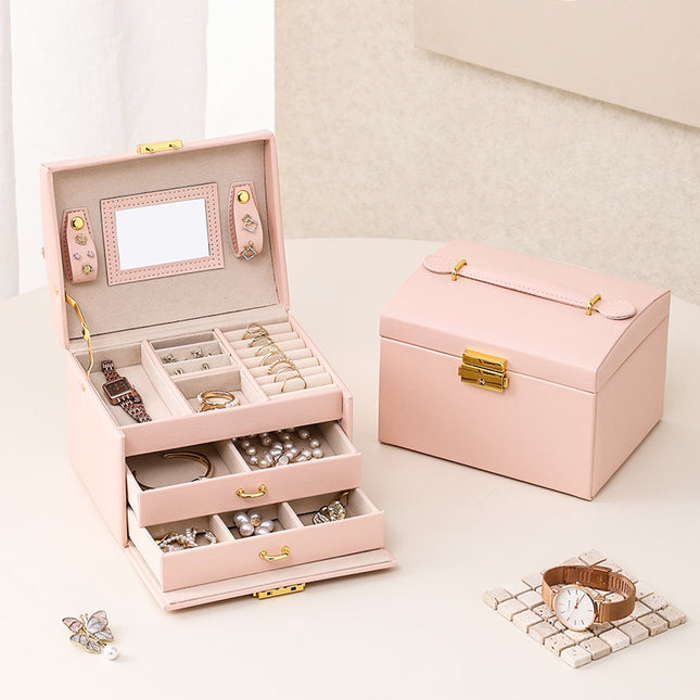 [Low Price Big Sale] Three-Layer Leather Drawer-Type Jewelry Box Multi-Functional Desktop Ring Necklace Earrings