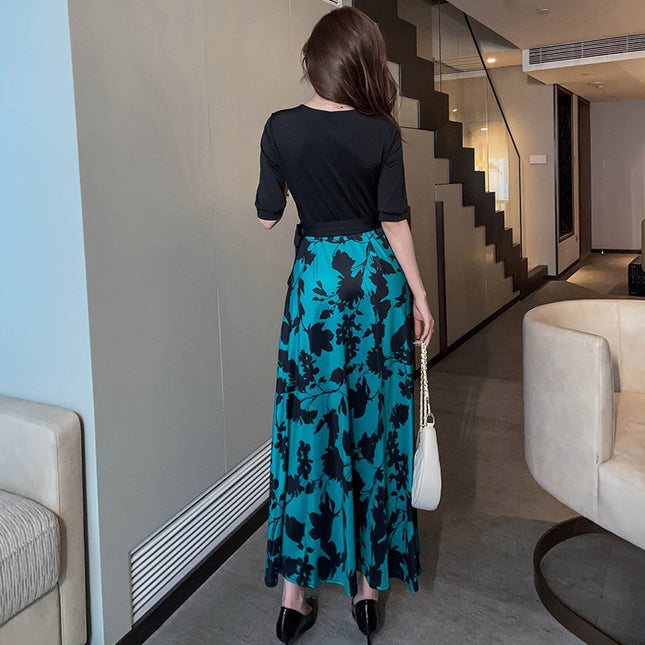 Yujie Fan High Waist Wrap Chest Stitching Wrap Dress 2023 New Floral Vintage Printed One-piece Dress for Women