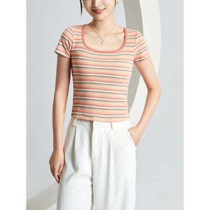 Spring and Summer New Style with Chest Pads, Fashionable and Versatile Square-Neck Gradient Crop Top Short-Sleeve T-Shirt with Built-In Bra