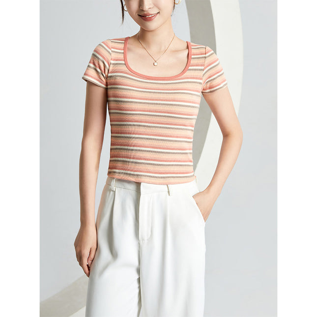 Spring and Summer New Style with Chest Pads, Fashionable and Versatile Square-Neck Gradient Crop Top Short-Sleeve T-Shirt with Built-In Bra