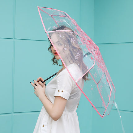 Fully Automatic Folding Plastic Transparent Cherry Blossom Umbrella for Women, Long Handle Apollo Style, Fresh and Simple, for Children, Students, Performances, Wholesale