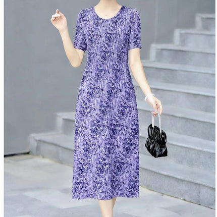 Miyake pleated 2025 summer new temperament round neck printed pleated skirt fashion waist thin magic dress