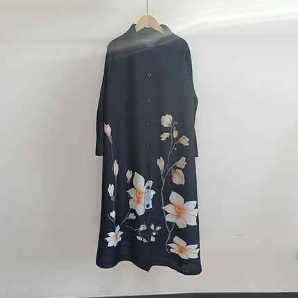 Dress Plus Size Pleated Women's New Style Printed Elegant Loose Slimming Mid-Length Single-Breasted Dress
