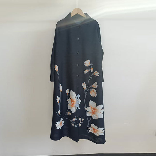 Dress Plus Size Pleated Women's New Style Printed Elegant Loose Slimming Mid-Length Single-Breasted Dress