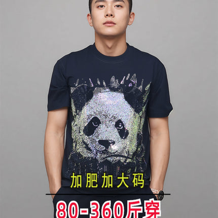 Punk Costume Cool Personality Heavy Trendy Brand Hot Drilling Panda Carto Bear Wide Short-sleeved T-shirt Fat Plus Size