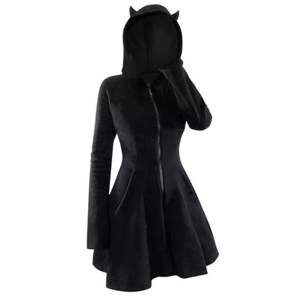 European and American Stitching Women's Gothic-style Hooded Long-sleeved Golden Velvet Cat Ear Slim-fit dress Dress plus size Women's Dress