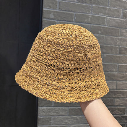 French Cut Out Woven Seaside Straw Hat for Women Summer Large Brim Sun Protection Hat Large Head Circumference Foldableable Fisherman Hat Trendy