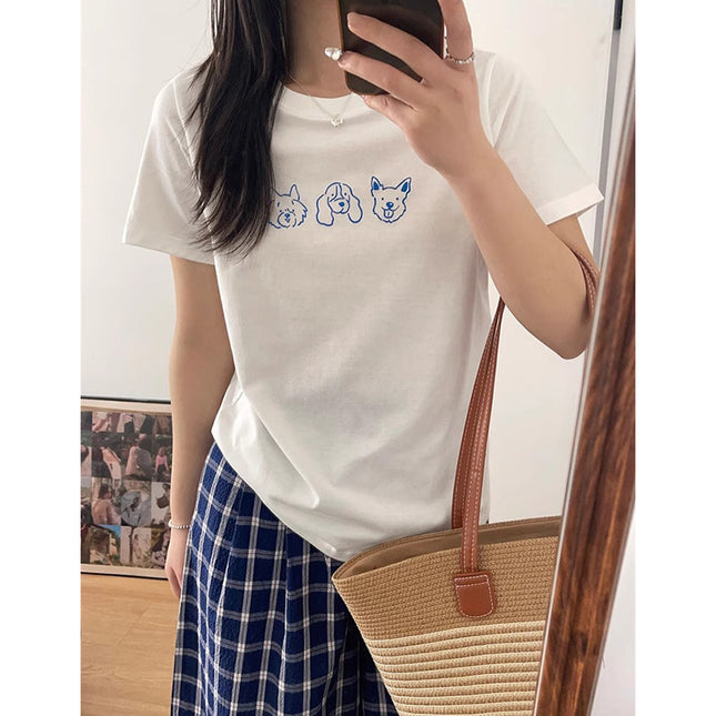 White Simple Dog Print Short-sleeved T-shirt Women's Summer New Cotton Loose Lazy Style Slimming Half-sleeved Top