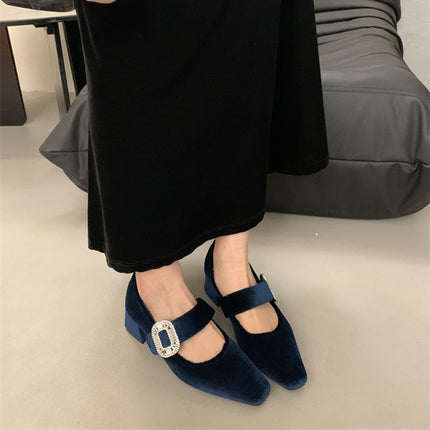 2025 Spring and Summer New Style Women's Shoes with Square Head Flat Bottom Shallow Shoes with Water Diamond Buckle Flat Heel Shoes Suede Shoes