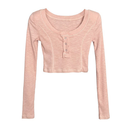 Real Shot Korean Dongdaemun Buckle Slim-fit Slim-fit Sexy Spice Girl Figure Short Long Sleeve T-shirt Top Women's Clothing