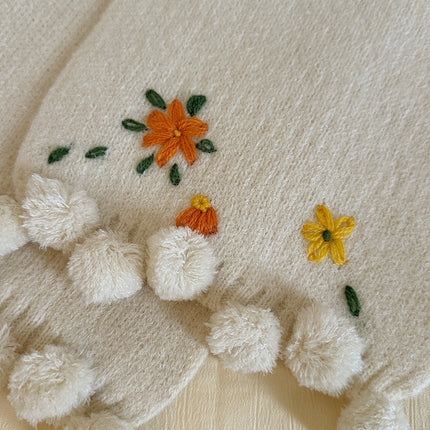 Sun Flower Rain ~ dark blue light blue * Cute Flower Embroidered Scarf Handmade Fur Ball Autumn and Winter Warm Wool Scarf