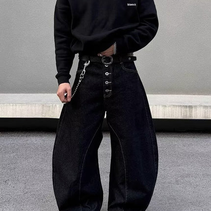 American Retro Wide-Leg Jeans for Women Versatile Topstitch Irregular Split Multi-Pocket Scimitar Silhouette Floor-Length Pants Unisex