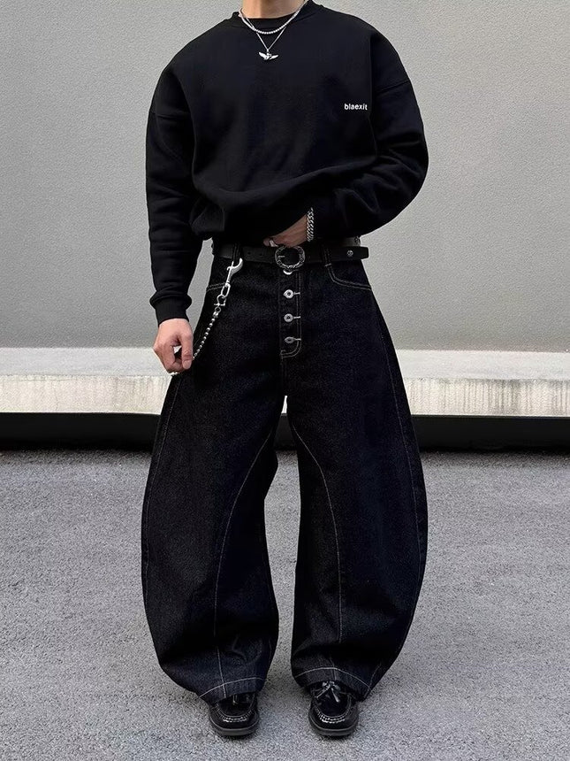 American Retro Wide-Leg Jeans for Women Versatile Topstitch Irregular Split Multi-Pocket Scimitar Silhouette Floor-Length Pants Unisex