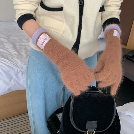 Ins blogger with rabbit fur long gloves color matching knitted finger can play mobile phone cloth label fashion ladies gloves