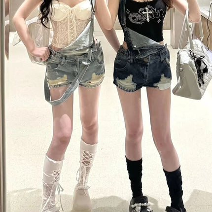 Hot Girl Retro Versatile Washed Denim Overalls Shorts Women's Summer American Design Ripped Jumpsuit Hot Pants