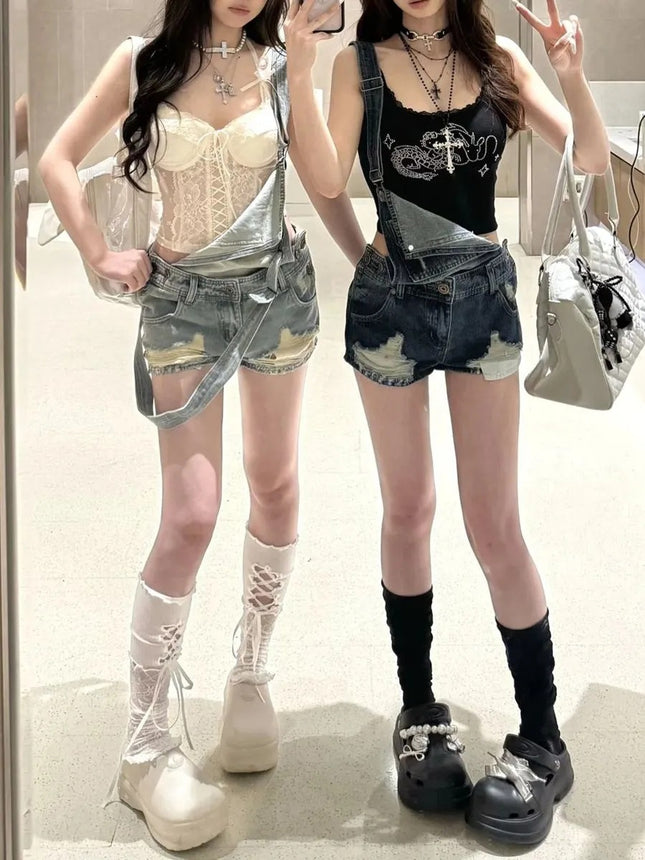 Hot Girl Retro Versatile Washed Denim Overalls Shorts Women's Summer American Design Ripped Jumpsuit Hot Pants