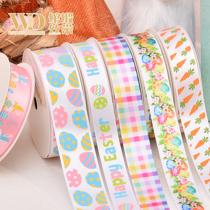 Cross-border Easter Decoration Heat Transfer Flower Ribbon Cartoon Rabbit Egg Ribbon Holiday Gift Gift Box Packaging Belt