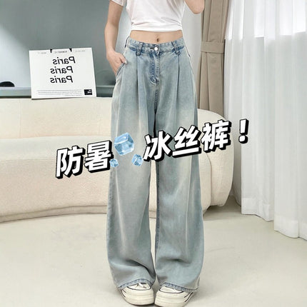 Women's Summer Thin High-Waisted Loose Drape Slimming Versatile Light-Colored Straight-Leg Jeans