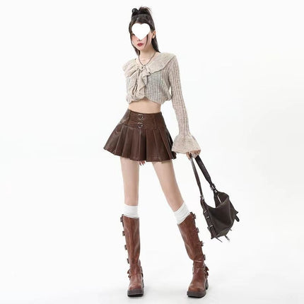 Autumn and Winter American Leather Skirt Retro Sexy High Waist Pu Pleated Skirt Slimming Look Skirt Pleated Short Skirt